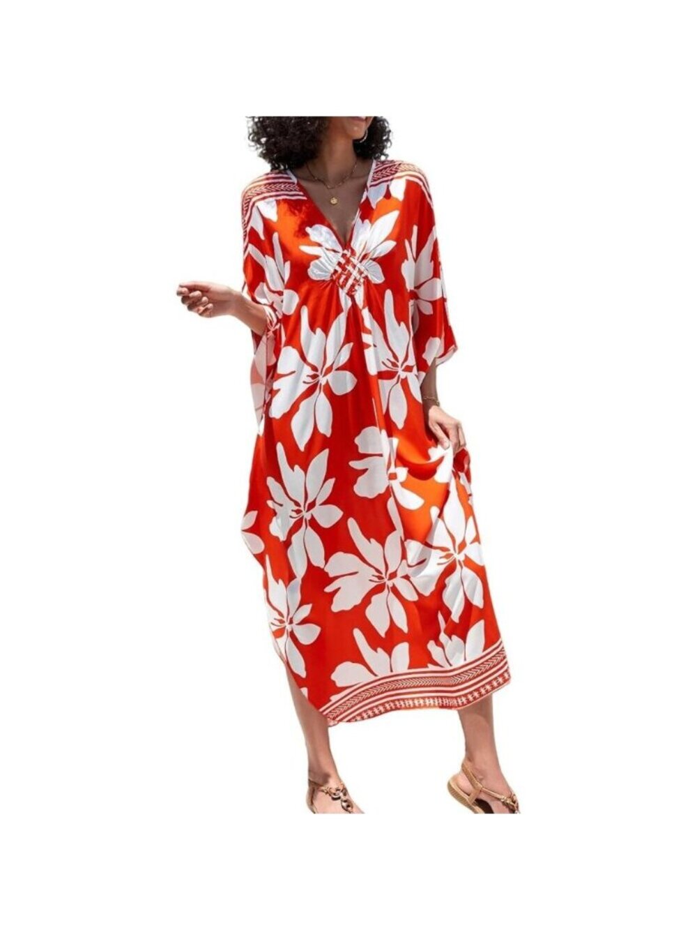 Women's Orange White V-neck Batwing Sleeve Flowy Split Hem Bohemian Kaftan Dress